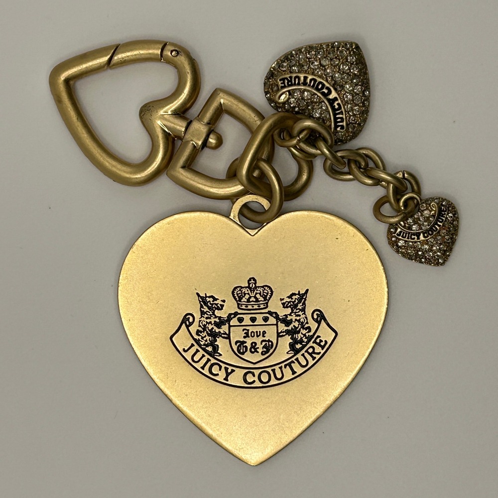 Juicy Couture Gold Tone Heart Bag Charm Keychain Rhinestone Logo Crest Y2K VTG